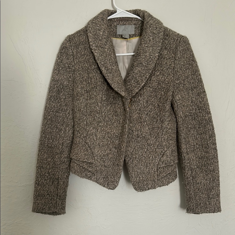 H&M Gray Wool Blend Teddy Jacket with Shawl Collar and Pleated Sides